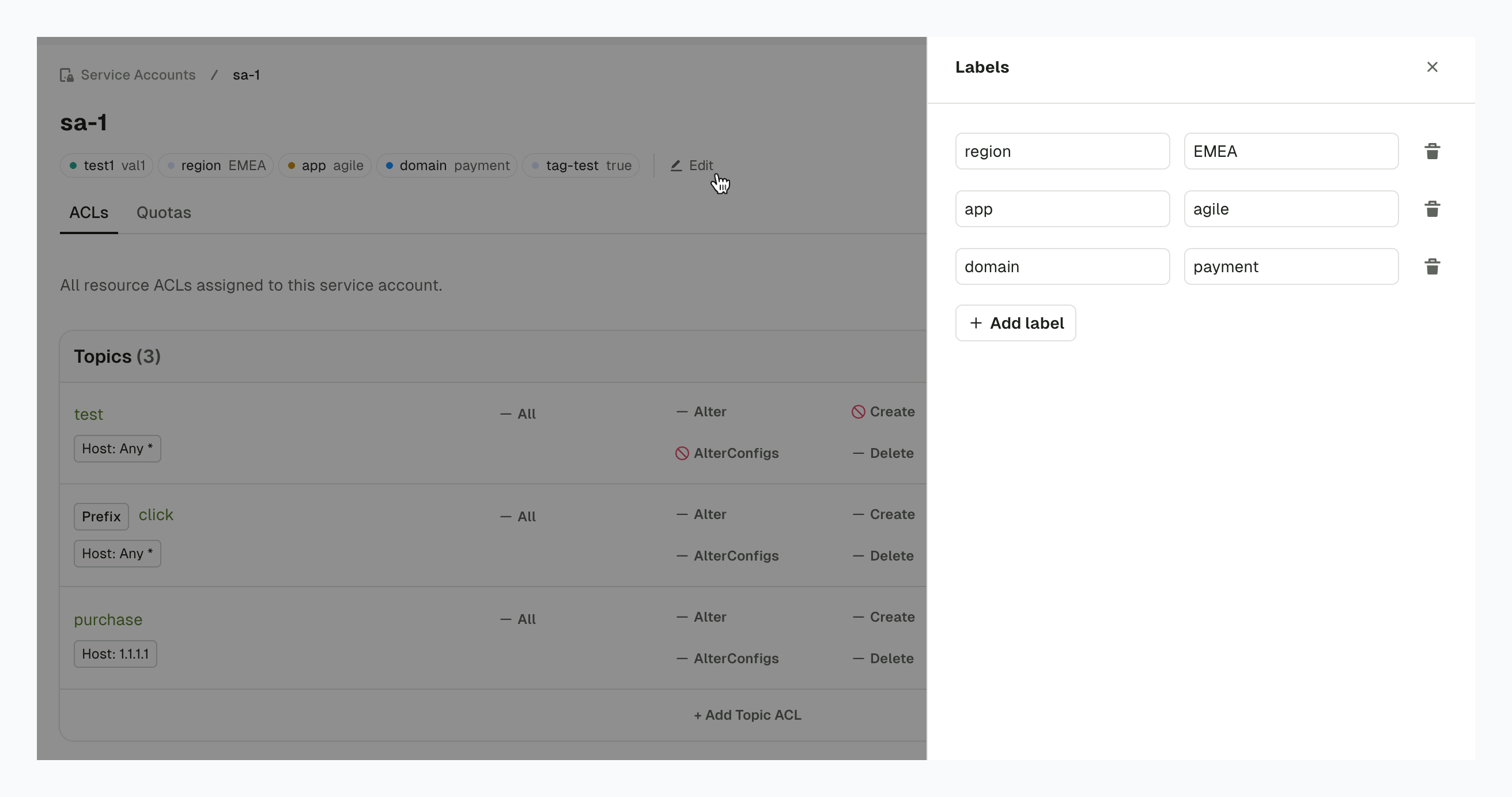 The service account details page shows labels underneath the service account name heading. Next to existing labels there is an edit button which you can click to open a drawer with a form to add and edit labels